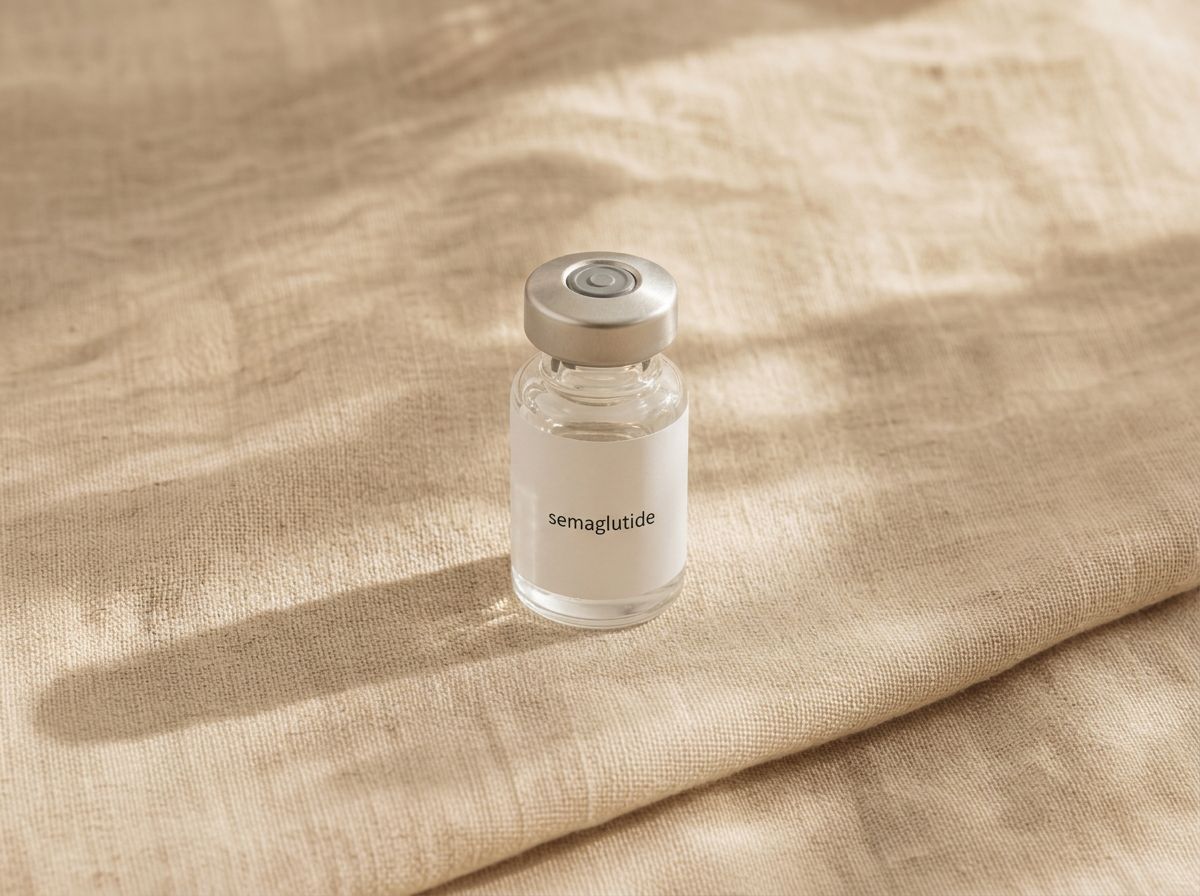 An unbranded vial labeled semaglutide beside an injection pen