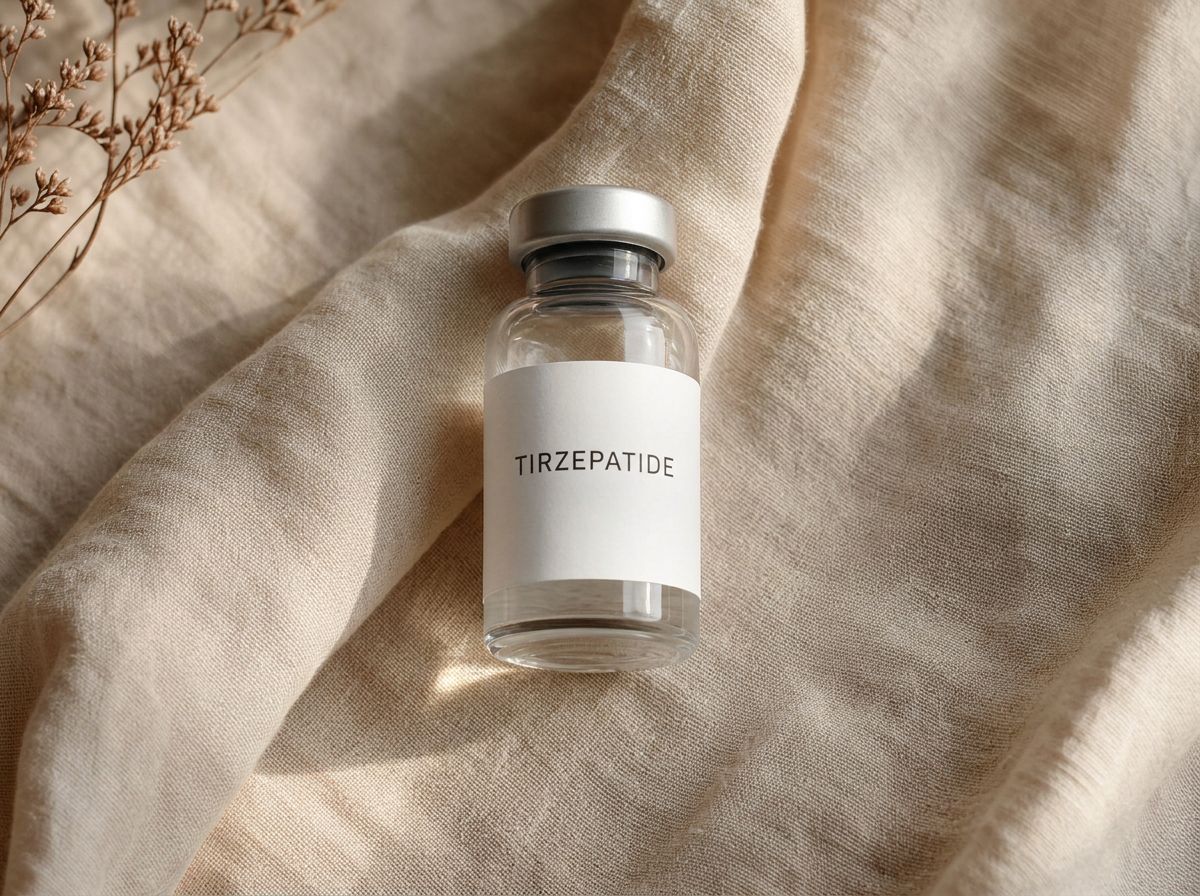 An unbranded vial labeled tirzepatide beside an injection pen