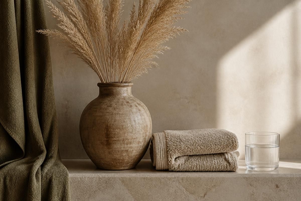 A warm neutral shelf with a clay vase, dried grasses and folded towels